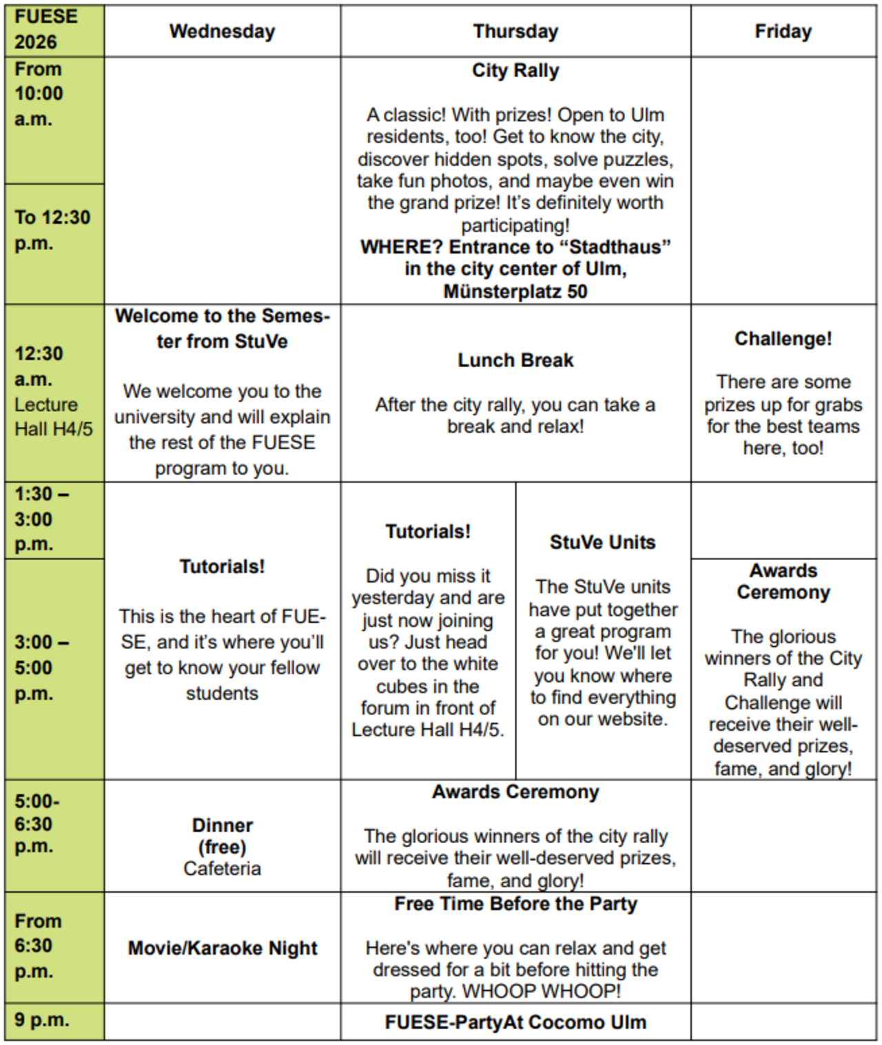 Timetable for FUESE 26