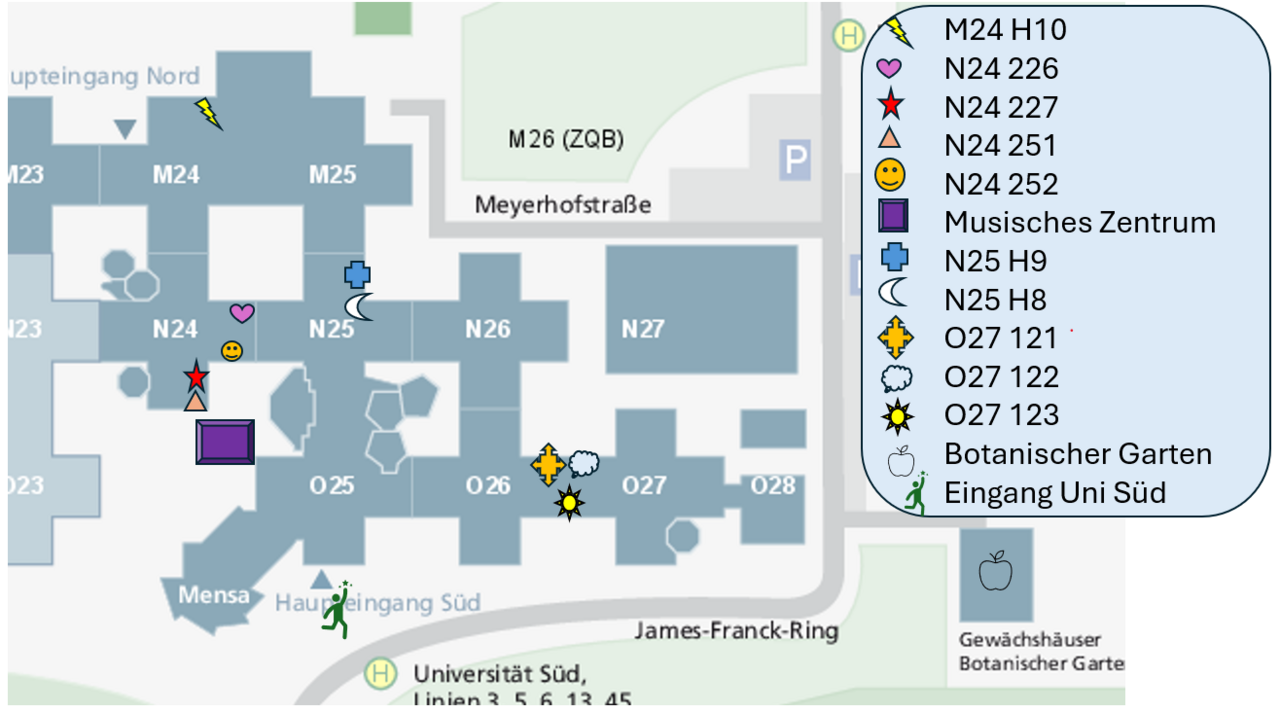 Lageplan Uni mit markierten Standorten